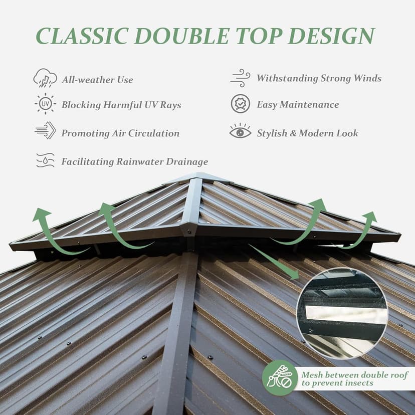Domi 12' X 12' Wood Gazebo, Cedar Frame Hardtop Gazebo with Galvanized Steel Double Roof, Netting & Curtains, Patio Pergola Pavilion for Patio, Backyard, Deck, Lawns