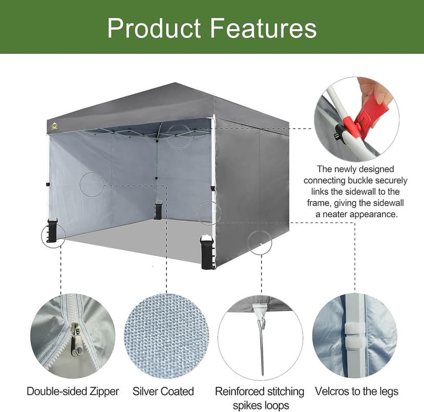 CROWN SHADES 10X10 Comercial Instant Canopy Pop Up Tent with Center Lock (10x10 with 4 Sidewalls, Grey)