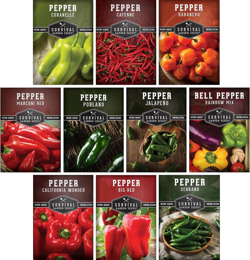 10 Pepper Variety Pack Seed Vault - Serrano, Big Red, California Wonder, Cayenne, Cubanelle, Orange Habanero, Jalapeño, Marconi, Rainbow Bell, Poblano Pepper - Non-GMO Heirloom Survival Garden Seeds