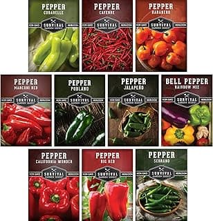 10 Pepper Variety Pack Seed Vault - Serrano, Big Red, California Wonder, Cayenne, Cubanelle, Orange Habanero, Jalapeño, Marconi, Rainbow Bell, Poblano Pepper - Non-GMO Heirloom Survival Garden Seeds