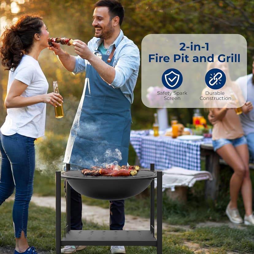 SereneLife 26" Outdoor Wood Fire Pit with BBQ Grill, Mesh Screen, and Wood Storage – Heavy-Duty Steel Frame, Heat-Resistant – Ideal for Bonfires, Camping, and Outdoor Cooking