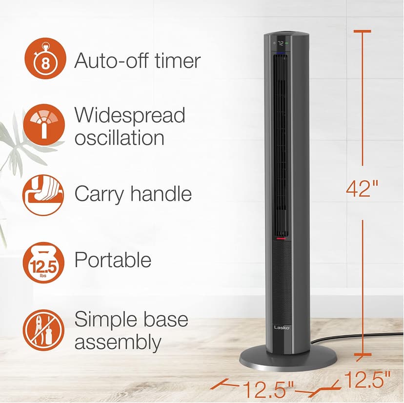 Lasko Oscillating All Season Tower Fan and Space Heater in One for Home with Adjustable Thermostat, Tip-Over Switch, 4 Fan Speeds, 3 Heat Settings and Remote Control, 42 Inches, 1500W, Gray, FH515