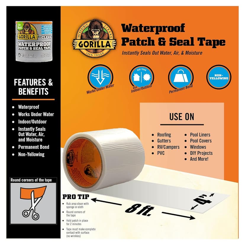 Gorilla Waterproof Patch & Seal Tape, Clear Tape, 4" x 8' (Pack of 1) - Permanent Weather Resistant Seal for Leaks and Repairs