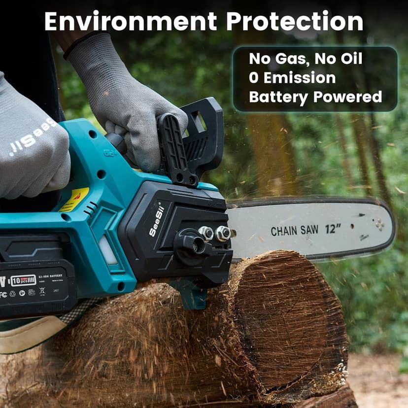 Seesii Chainsaw Cordless 12-inch, Electric HandHeld Chain Saw, 12-in Portable Chainsaw Battery Powered Saws for Trees Wood Cutting, 2 * 4.0Ah Battery and Charger Included, CH1200+