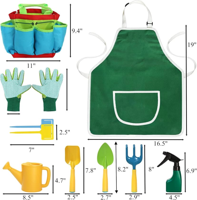 9PCS Kids Garden Tools Set,Boys Girls Gardening Kit Tools Including Watering Can, Spray Bottle, Tote Bag, Apron, Trowel, Rake, Outdoor Garden Toy Gift for Beach