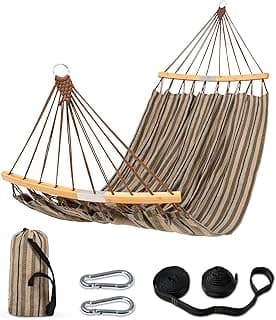 SUNCREAT Hammocks Double Hammock with Curved Spreader Bar, Outdoor Camping Portable Hammock with Carrying Bag & Tree Straps for Patio, Backyard, Balcony, Max 450lbs Capacity, Brown