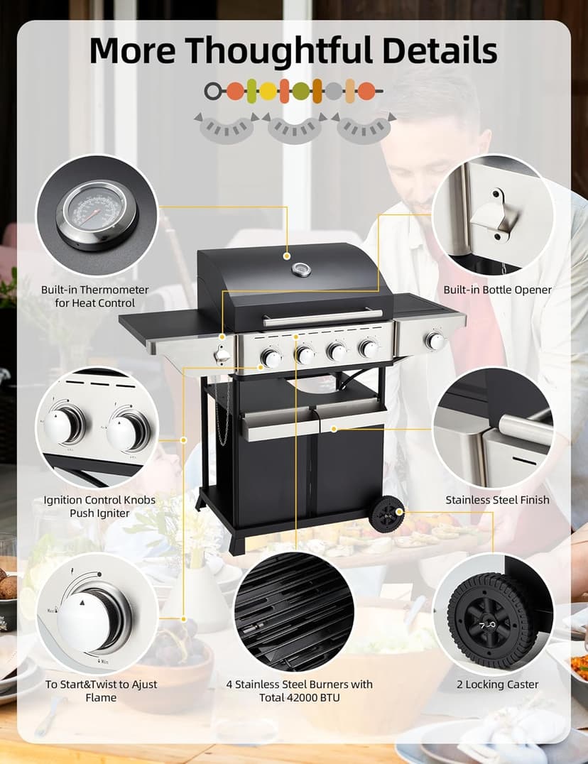 4-Burner Propane Gas Grill with Side Burner, Stainless Steel Spice Rack 542 Sq.In BBQ, 45,000 BTU Portable Propane Grill Output for Outdoor Cooking Kitchen, Barbecue Garden Patio Backyard