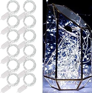WATERGLIDE 12 Pack Fairy Lights Battery Operated (Included), 7 ft 20 LED Mini String Lights, Waterproof Silver Wire Firefly Starry Lights for DIY Wedding Christmas Party Mason Jars Decor, Cool White