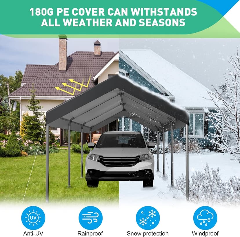12x20 Ft Heavy Duty Carport, Portable Garage with Doors, Ventilated Windows, Waterproof and UV Resistant Carport Canopy for Cars, Boats, Suvs, Gray