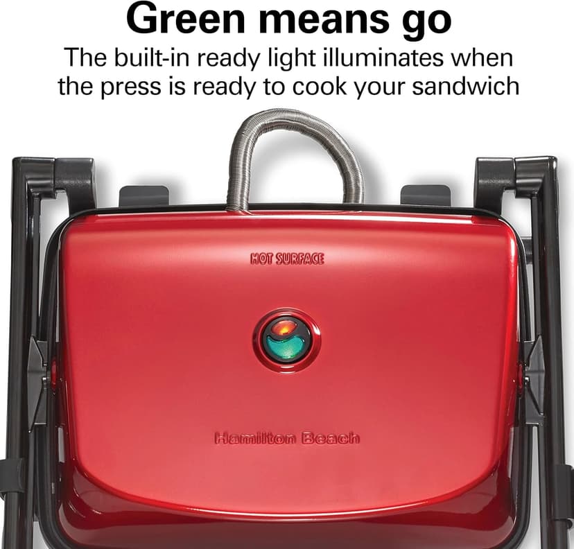 Hamilton Beach Panini Press Sandwich Maker & Electric Indoor Grill with Locking Lid, Opens 180 Degrees for any Thickness for Quesadillas, Burgers & More, Nonstick 8" x 10" Grids, Red (25462Z)