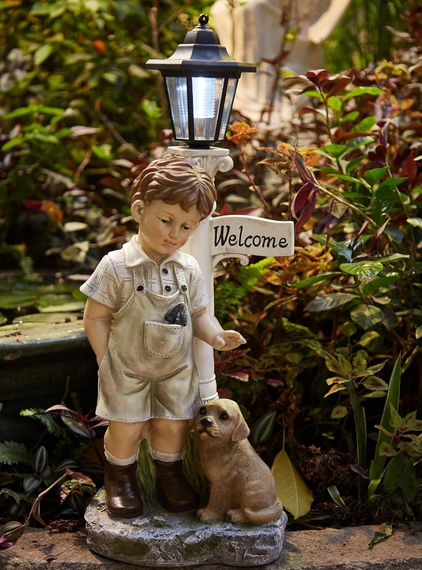 Solar Boy Statue Welcome Sign Garden Statues for Garden Decor, Porch, Lawn, Yard Art Decorations, Resin 23.2H inch