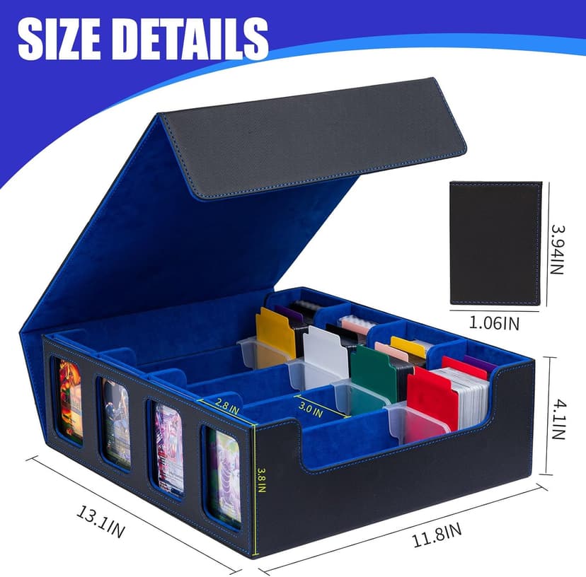 3200+ MTG Commander Deck Box with Window Dice Tray, Organizer with 4 Card Sleeves & 30 Dividers, Black Blue