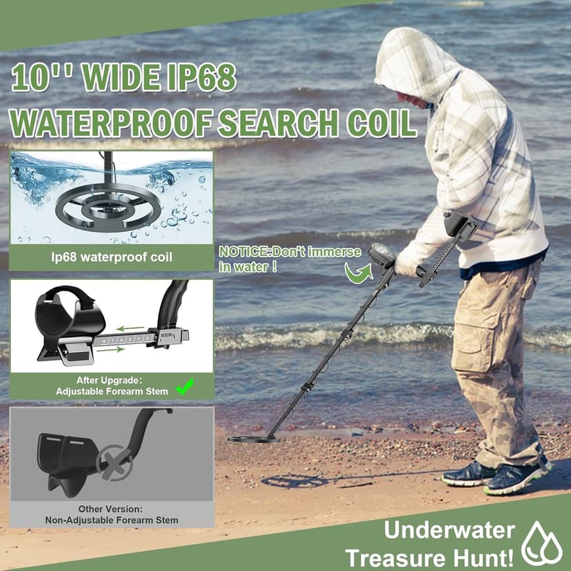 Metal Detector for Adults Professional, Higher Accuracy Gold and Silver Detector, Metal Detector Waterproof Pinpoint, Bigger LCD, 5 Mode, 10" IP68 Coil, New Advanced DSP Chip, Green
