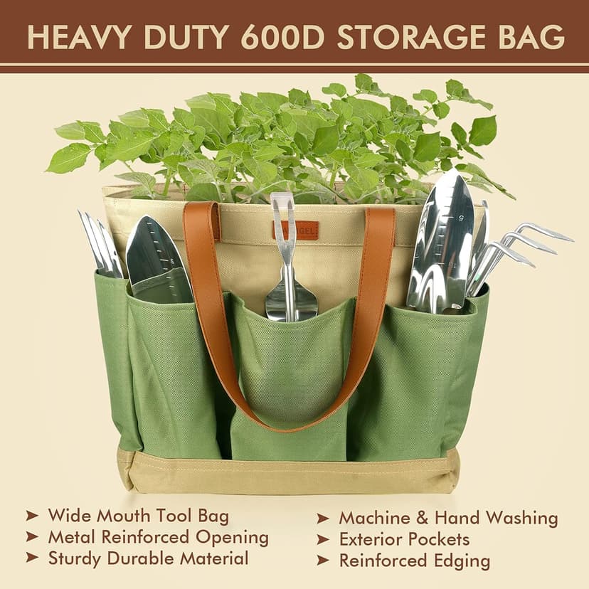 YAUNGEL Gardening Tools - 10 Pcs Garden Tool Set Heavy Duty Stainless Steel Garden Supplies Hand Tools with Wooden Handle, Storage Tote Bag, Gardening Gifts for Women and Men