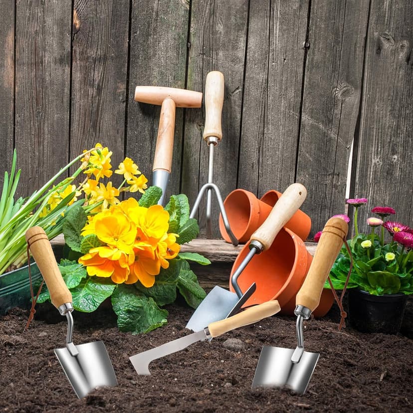 Lasnten 5 Pcs Dibber Garden Tool Set, Heavy Duty Seed Planter Gardening Tools with Hand Dibber, Hand Crack Weeder, Transplanter, Big Trowel, 3-Claw Cultivator for Planting Flowers, Gardening Gifts
