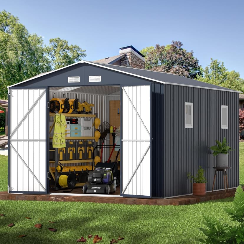Outdoor Storage Shed 10 x 12 ft. Utility Tool Shed Metal Storage Garden Shed with Lockable Doors & Windows for Patio Storage, Midnight Blue