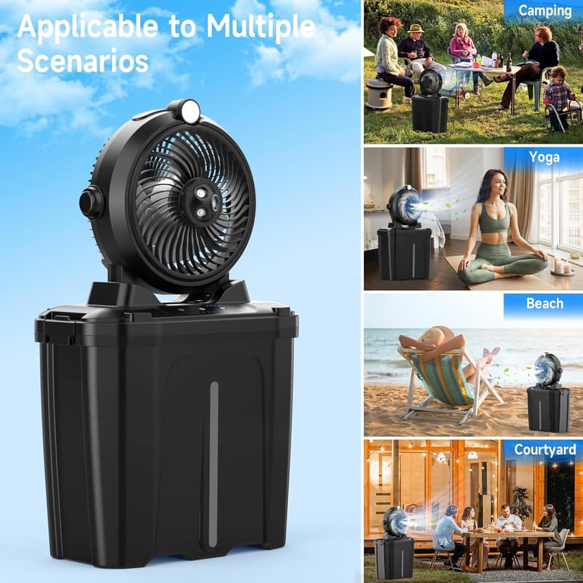 Portable Misting Fan - 11L Bucket, 20000mAh Rechargeable Battery Powered Fans for Patios, Outdoor Fans with Night Light, 3 Wind Speed & 4 Spray Mister Camping Cooling Fan, Waterproof Design