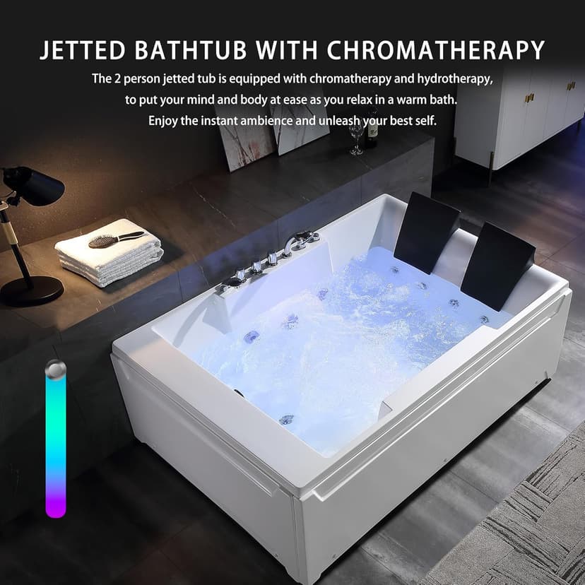 Empava 1125W Whirlpool Tub,72" x 48" Jetted Bathtub for 2 Person, Hydro Massage & Chromatherapy,ETL Certified,3 Sided Apron,Acrylic ,110 Gallons,Left Drain