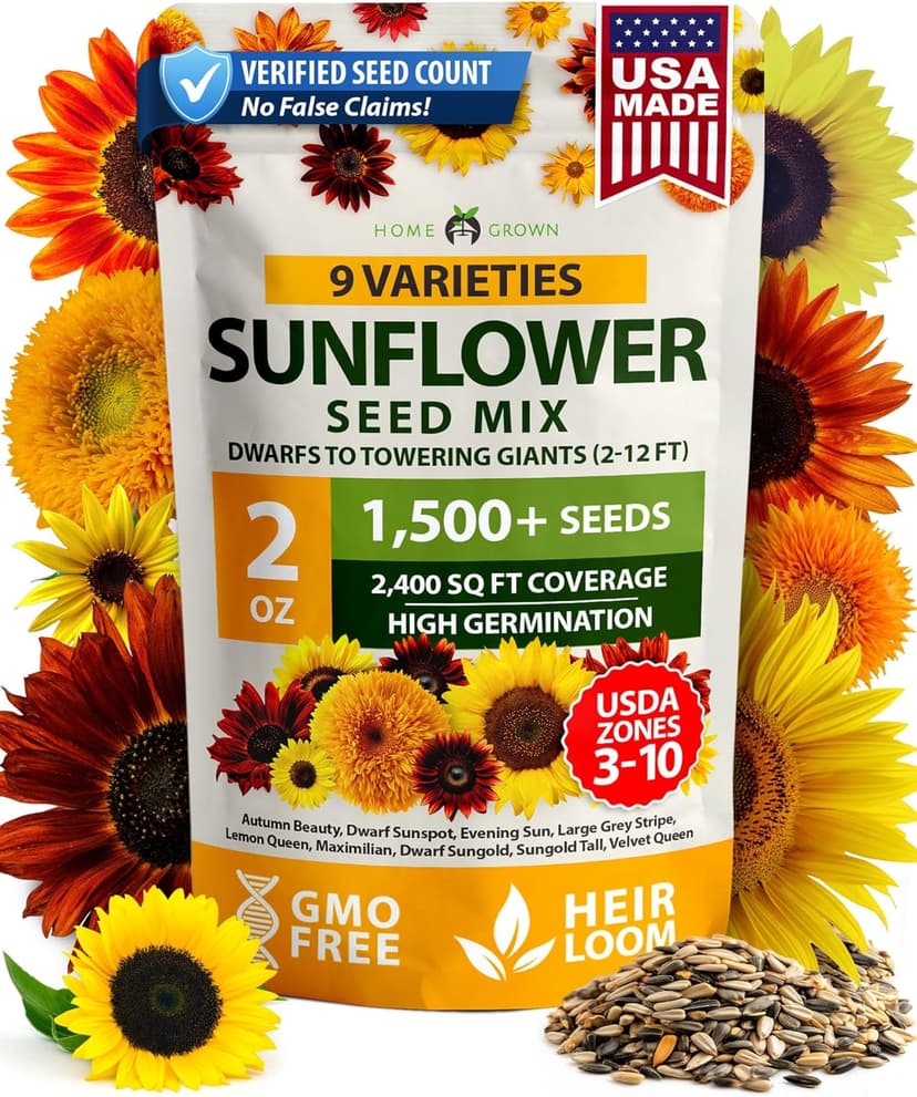 HOME GROWN Sunflower Seeds Mix Pack 1,500+ Colorful Varieties of Sunflower Seeds to Plant - 2-10ft Tall Plants, Pollinator Friendly 𝗡𝗢𝗡-𝗚𝗠𝗢 𝗨𝗦𝗔 – Easy to Grow, High Germination