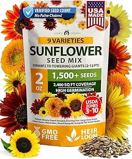 HOME GROWN Sunflower Seeds Mix Pack 1,500+ Colorful Varieties of Sunflower Seeds to Plant - 2-10ft Tall Plants, Pollinator Friendly 𝗡𝗢𝗡-𝗚𝗠𝗢 𝗨𝗦𝗔 – Easy to Grow, High Germination