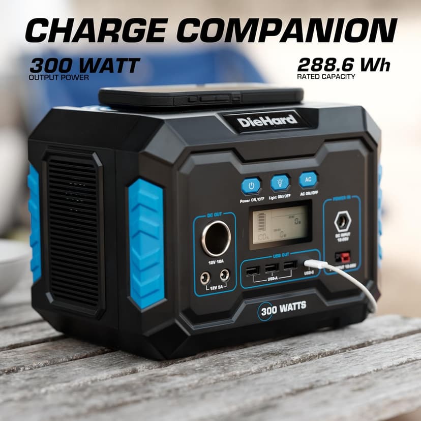 DieHard Portable Power Station 300-Watt (600-Watt Peak) 288.6Wh - Solar Generator (Solar Panel Optional), for Home Backup, Weather Emergencies, Outdoor Recreation, Jobsite and more