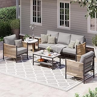 Aluminum Outdoor Patio Furniture Set, HDPE Rope 4 Piece Modern Sectional Conversation Sets with Dual-Layer Coffee Table, All Weather Patio Couch Set with Thick Cushions, Gray Frame, Gray