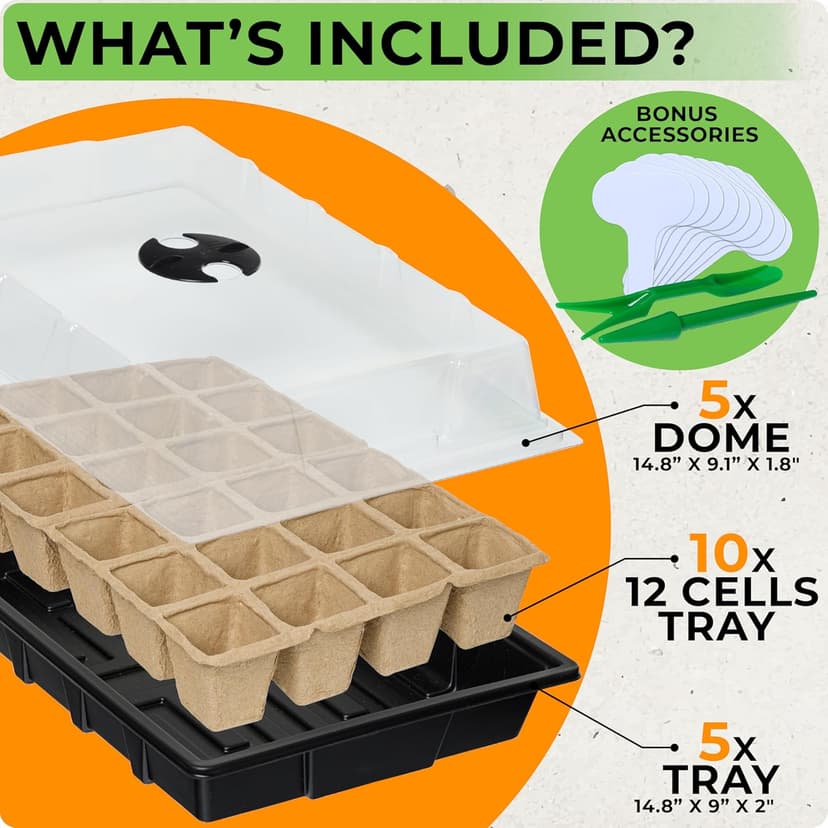 CARPATHEN Seed Starter Tray Kit - 5 x Strong Seed Starting Trays with Humidity Dome (120 Cells Total), Labels and Tools - Seedling Starter Trays Plant Germination Trays - Mini Greenhouse Cloning Kit
