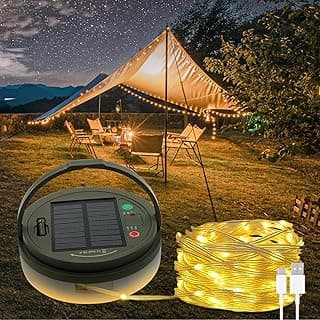 Solar Camping String Lights, 32.8FT Fairy String Lights 130LEDs, Portable Waterproof Camping Lamp with 8 Lighting Modes, Hanging Rechargeable Tent Lantern for Awning Garden Yard Party Decor