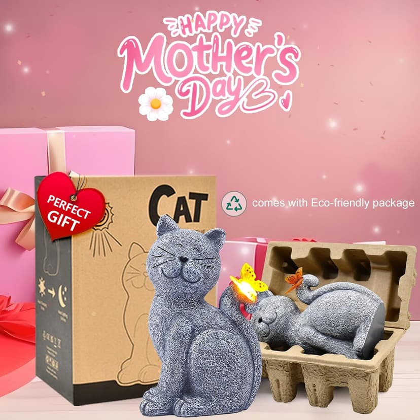 Nacome Solar Cat Outdoor Statues for Garden: Outside Decor with Butterfly Clearance for Yard Art Lawn Ornaments Porch Patio Balcony Home House - Birthday Gifts for Grandma Mom Women