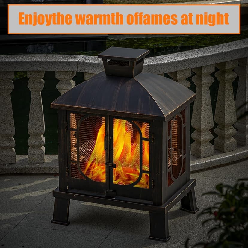 45" H×31''W Metal Chiminea Fire Pit with Grill, Wood Burning Fire Pits for Outside,Square Chimineas Fireplace with Mesh Spark Screen Door& Fire Poker for Garden,Yard,BBQ,Bonfire