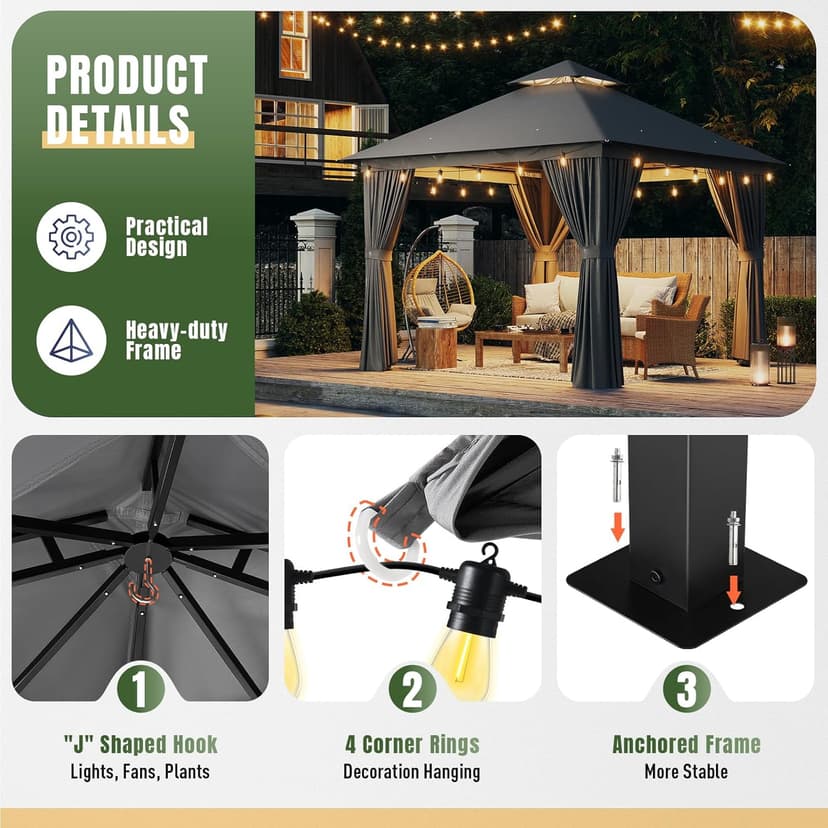 AOXUN Outdoor Gazebo for Patio 10x10, Metal Frame Canopy with Double Roofs, Heavy Duty Party Tent and Shelter with Mosquito Netting and Privacy Screen for Backyard, Lawn, Garden, Deck (Grey)
