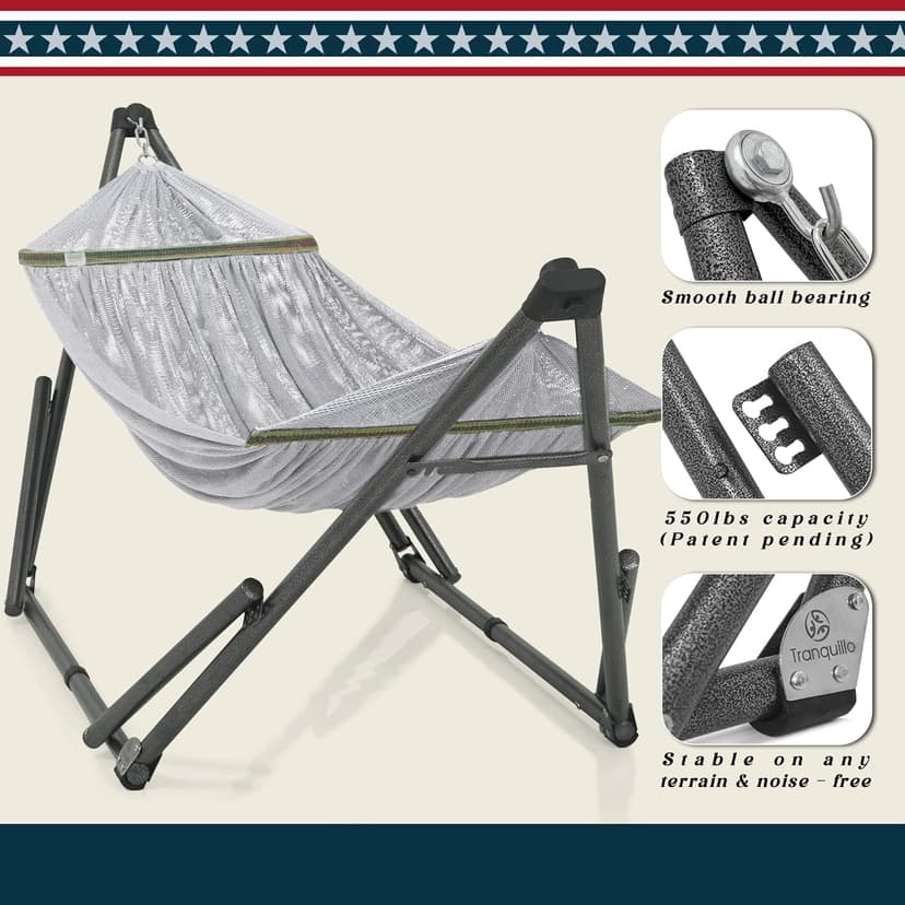 Tranquillo Uniki Hammock, Instant 30s Foldable Hammock Stand, 550 lbs Capacity Portable Hammock, 3-Year Warranty Sturdy Stand, Revolutionary Design No Screws Needed, Premium Carry Bag Included, Grey