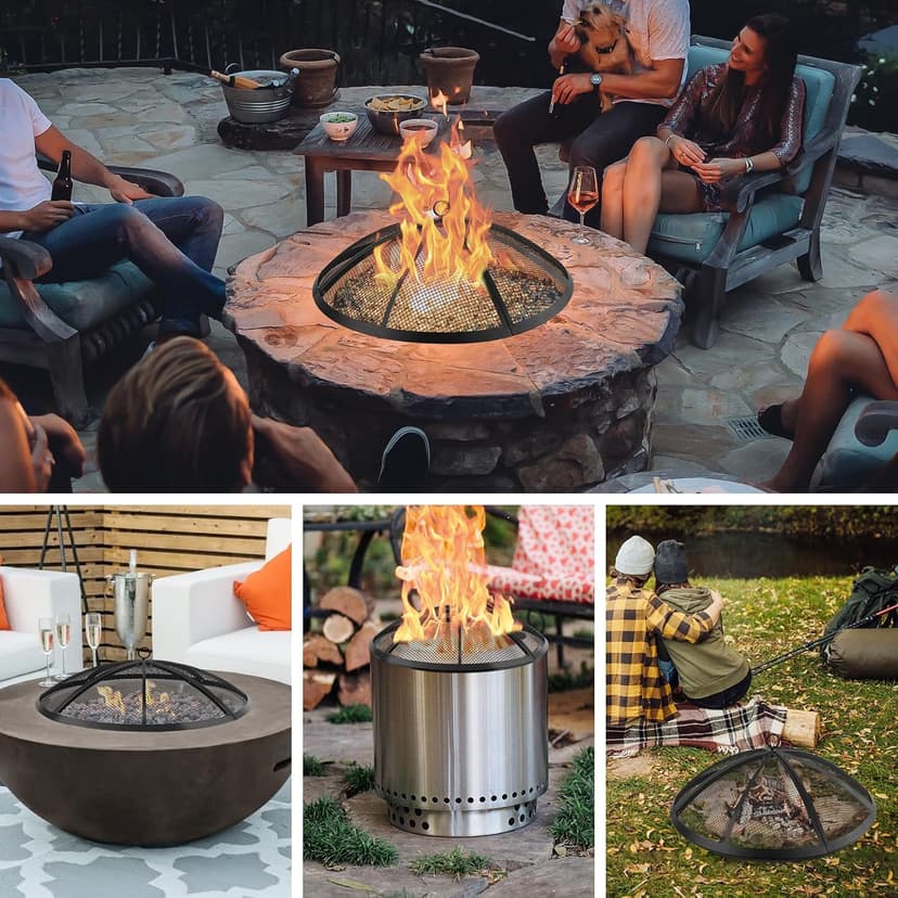 Fire Pit Spark Screen, Fire Pit Screen 22 Inch Round with Handle & Poker, Collapsible Heavy Duty Mesh Fire Pit Cover Fire Pit Lid for Outdoor/Patio/Backyard/RV Camping/Beach