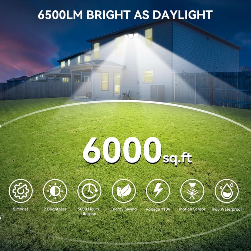 65W LED Security Lights Motion Flood Sensor Lights Outdoor, 6500LM, IP65 Waterproof, 6500K Flood Light Outdoor Motion Detector with Adjustable 3 Head Detected Flood for Entryway Garage, Yard, Porch