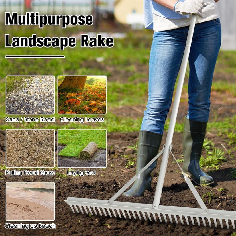 Goplus Landscape Rake 36 Inch, Aluminum Rake Head w/36 Tines and 68" Long Non-Slip Handle, Yard Rake Tool for Loosening & Leveling Soil, Landscaping Rake Beach Garden Lawn Care, Collecting Leaves