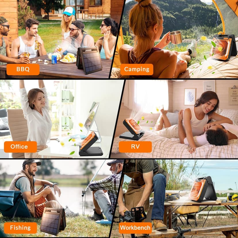 20000mAh Portable Fan Rechargeable with Solar Panel 2-in-1, 3 Speeds Cordless Battery Powered Fan with Led Lantern,Timer, Quiet USB-C Table Fan for Travel Tent Hurricane Office Home Bedroom (Orange)