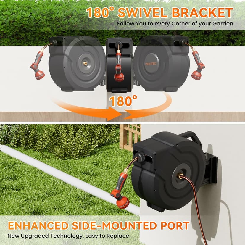 NEOTEC Retractable Garden Hose Reel 5/8 inch x 90ft - Wall Mounted Heavy Duty Hose Reel with 3/4 Inch Brass Fittings & 9-Pattern Nozzle - Auto Rewind System, Any Length Lock, 180° Swivel Bracket