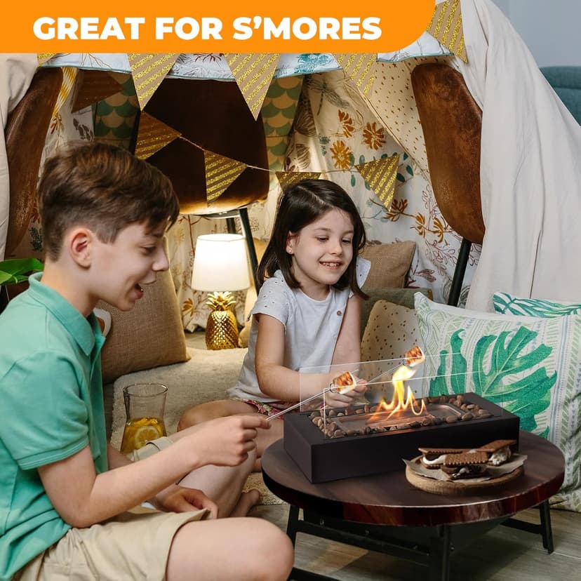 Safer Burning Rectangle Tabletop Fire Pit, Smores Maker Kit, Portable Indoor/Outdoor Table Top Firepit,Table Fireplace with Cobblestones - Gift for Home Decor & Balcony Parties, Housewarming Gift