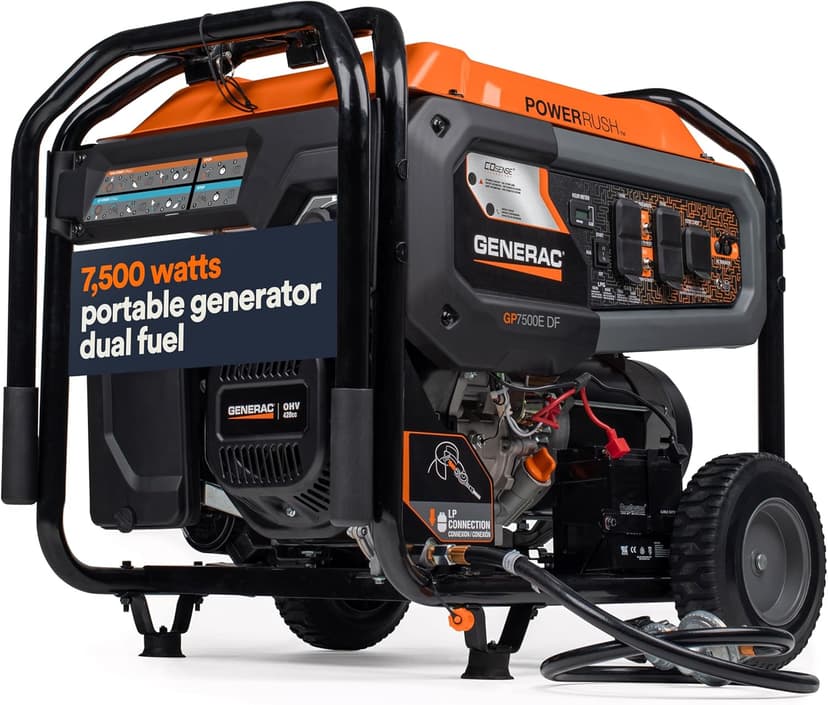Generac 7,500-Watt Dual-Fuel Compatible Portable Generator - Gas and Propane - COsense Technology with Electric Start - PowerRush Advanced Technology - Reliable Power Solution - Home Use, Orange/Black
