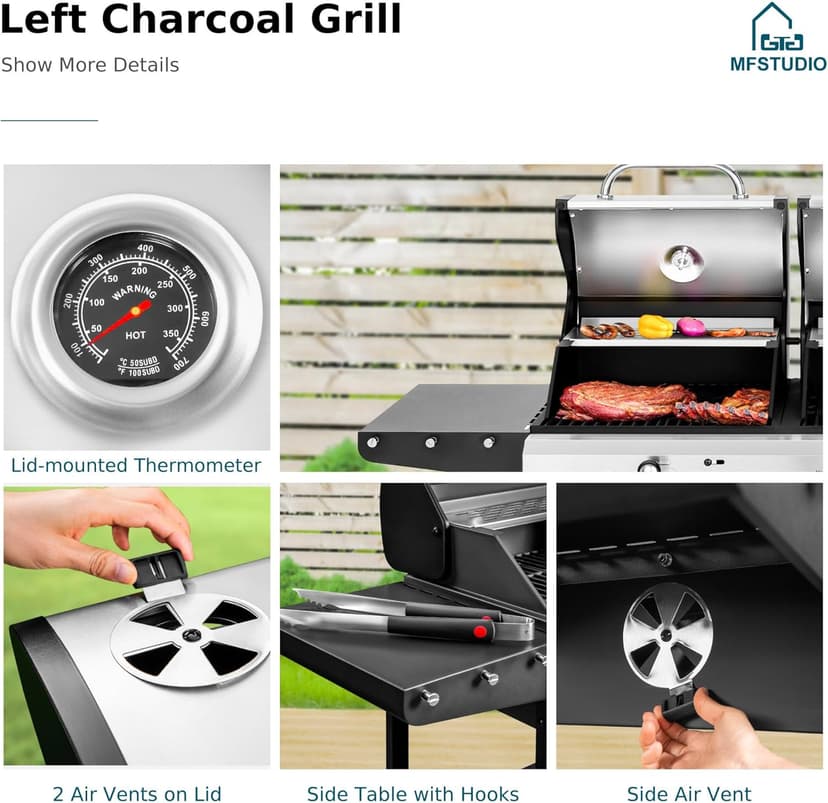 MFSTUDIO Gas and Charcoal Grill Combo with Side Burner, Porcelain-Enameled Cast Iron Grate, Extra Large Dual-Function BBQ Propane Smoker Grills for Outdoor Barbecue Cooking, 690 SQIN Cooking Area