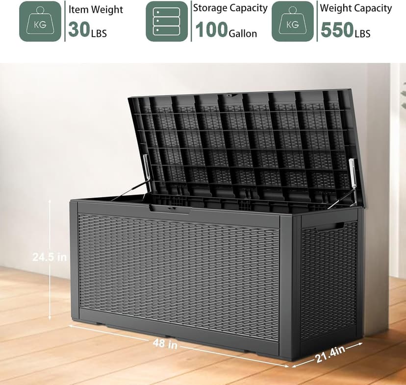 DRATO 100 Gallon Large Deck Box, Outdoor Storage Box for Patio Furniture, Patio Cushions, Gardening Tools, Pool Supplies,660lbs Weight Capacity,Waterproof Resin Storage Boxes