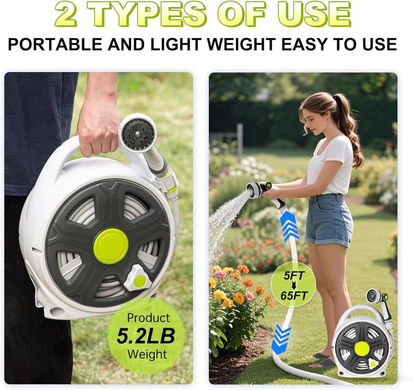 Retractable Garden Hose Reel, 65FT Heavy Duty Hose With 10 Spray Patterns - Leakproof, Durable & Compact Design for Garden Watering, Car Washing, Pet
