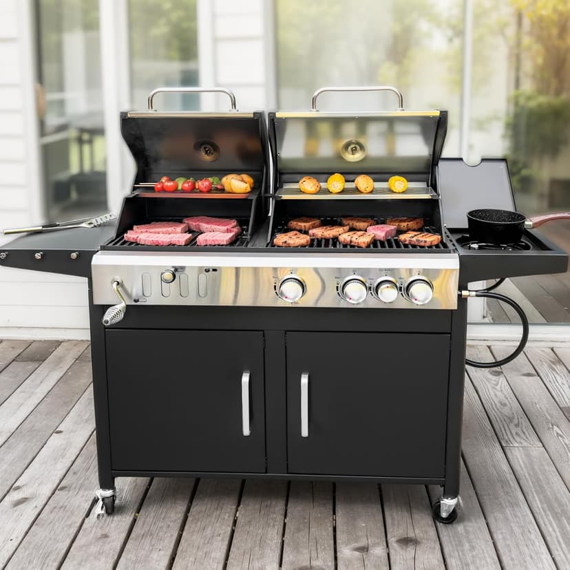 MFSTUDIO Gas and Charcoal Grill Combo with Side Burner, Porcelain-Enameled Cast Iron Grate, Extra Large Dual-Function BBQ Propane Smoker Grills for Outdoor Barbecue Cooking, 690 SQIN Cooking Area