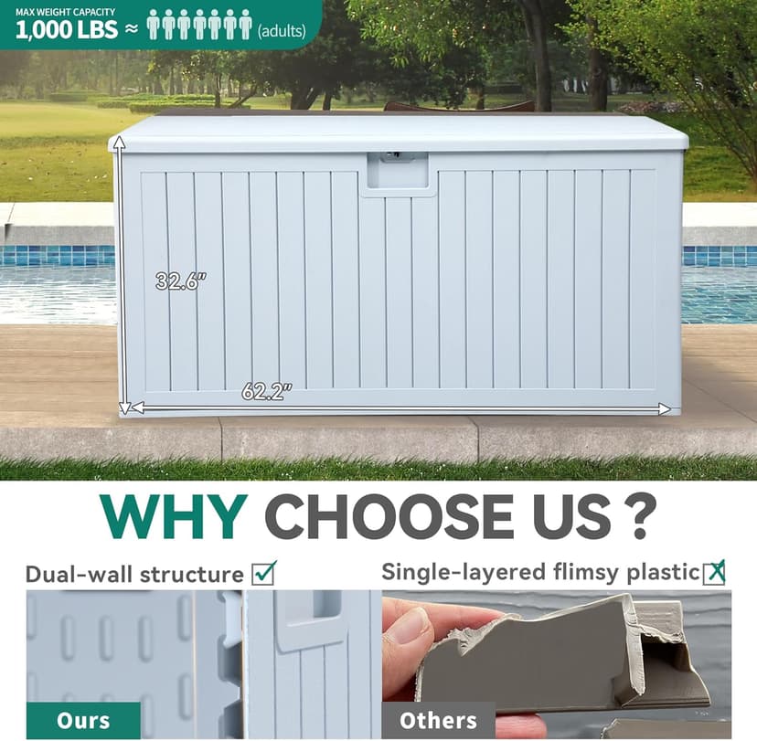 YITAHOME 230 Gallon Double-Wall Deck Box with Divider & Side Handles, Outdoor Large Storage for Patio Furniture Cushions, Garden Pool Accessories, Water Resistant & Lockable