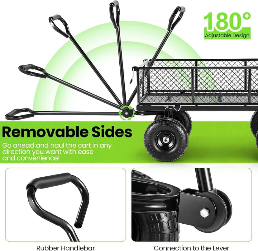 Homdox Steel Garden Cart 680 lbs Capacity Heavy Duty Garden Wagons,with Removable Steel Mesh Sides to Convert into Flatbed,Utility Metal Wagon w/ 180°Rotating Handle (Black, 680lbs)