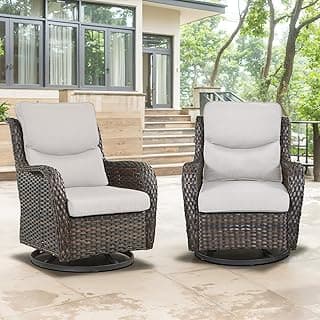 Swivel Patio Chairs Set of 2 with 5" Thick Cushion - Wicker Outdoor Swivel Rocker Patio Chairs, High Back Comfortable Outdoor Glider Chairs for Balcony, Porch, Deck, Poolside - Brown/Beige