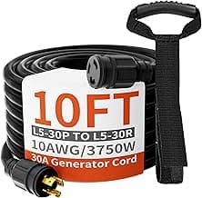huanchain 3 Prong 30 Amp Generator Cord 10 Feet Heavy Duty,NEMA L5-30P/L5-30R 10 Gauge 125V SJTW Black Lock Generator Extension Cord Waterproof, ETL Listed