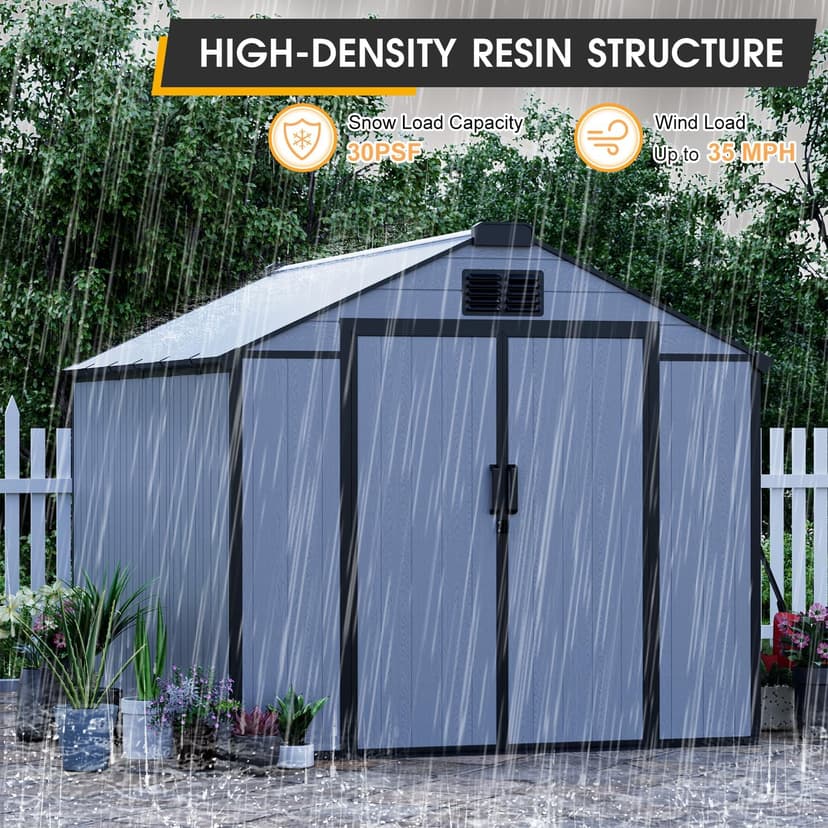 8 x 12 FT Resin Outdoor Storage Shed, All-Weather Plastic Garden Shed with Floor, Lockable Doors & Windows, Plastic Tool Shed for Poolside, Backyard, Patio