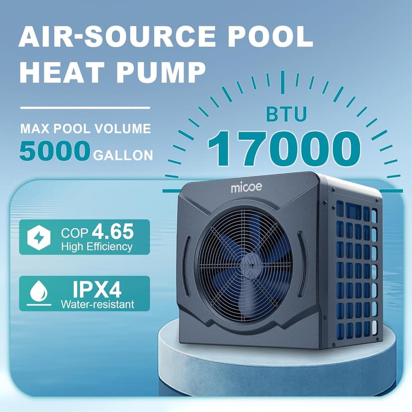 17000 BTU Energy Efficient Electric Pool Heat Pump - for Above Ground Pools Up to 15ft (8/11/15ft) & 5,000 Gallons, Ultra Quiet 50dB, 110V/120V with Easy Install Kit (17000 BTU)