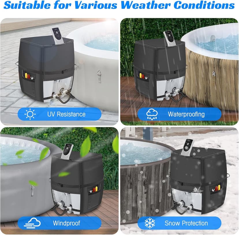 Hot Tub Spa Heater Pump Cover,Waterproof 600D Oxford Fabric Aluminum Film Insulated Cover,Inflatable Hot Tub Spa Heater Pump,Easy Installation with Zipper and Adhesive Straps,Black,Square